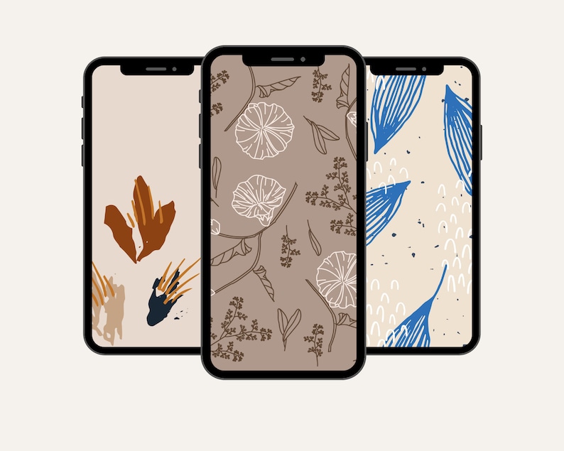 May include: Three different phone wallpapers with abstract floral designs. The first wallpaper features brown and orange abstract shapes on a beige background. The second wallpaper features a white floral pattern on a brown background. The third wallpaper features blue abstract shapes on a beige background.