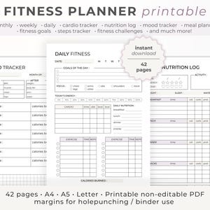 May include: Printable fitness planner with 42 pages. The planner includes sections for tracking cardio, nutrition, sleep, and water intake. It also has a section for daily fitness goals and a section for tracking exercise.