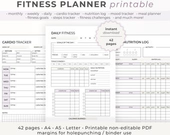 Può includere: Pianificatore di fitness stampabile di 42 pagine. Il planner include sezioni per tenere traccia del cardio, della nutrizione, del sonno e dell'assunzione di acqua. Include anche una sezione per gli obiettivi di fitness quotidiani e una sezione per tenere traccia dell'esercizio.