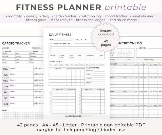 Fitness Planner Printable Bundle | Weight Loss Tracker | Health Journal | Meal Planner | Workout Planner | Wellness Journal | A4 A5 Letter