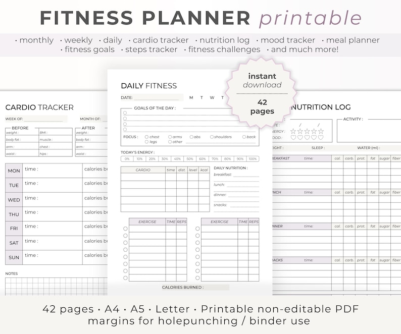 May include: Printable fitness planner with 42 pages. The planner includes sections for tracking cardio, nutrition, sleep, and water intake. It also has a section for daily fitness goals and a section for tracking exercise.