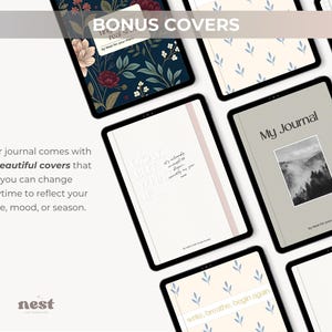 K&ouml;nnte beinhalten: Eine Auswahl an digitalen Journal-Covern auf Tablets. Die Cover zeigen florale Muster, inspirierende Zitate und minimalistische Designs. Der Text "BONUS COVERS" ist sichtbar, mit dem Markennamen "nest" am unteren Rand.