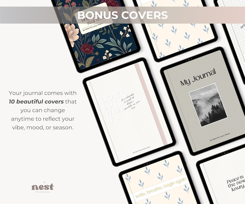 K&ouml;nnte beinhalten: Eine Auswahl an digitalen Journal-Covern auf Tablets. Die Cover zeigen florale Muster, inspirierende Zitate und minimalistische Designs. Der Text "BONUS COVERS" ist sichtbar, mit dem Markennamen "nest" am unteren Rand.