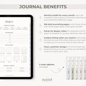 May include: Digital journal with a clean design, featuring an index, monthly pages, and various notebook and note paper options. Includes 366 daily journaling pages, guided writing prompts, and 5 color options. The text "Journal Benefits" is at the top.