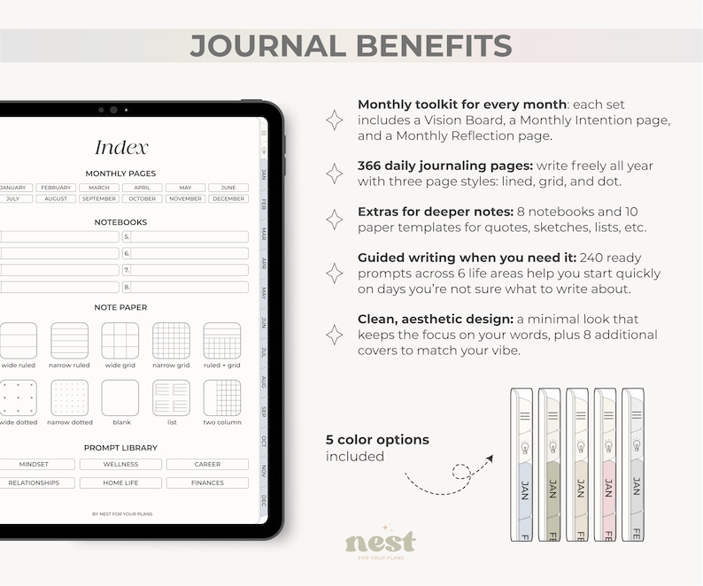 May include: Digital journal with a clean design, featuring an index, monthly pages, and various notebook and note paper options. Includes 366 daily journaling pages, guided writing prompts, and 5 color options. The text "Journal Benefits" is at the top.