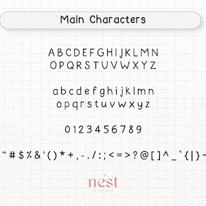 May include: A white sheet of paper with a black grid pattern. The text "Main Characters" is at the top of the page. The alphabet in uppercase and lowercase letters, numbers 0-9, and punctuation marks are listed in black.
