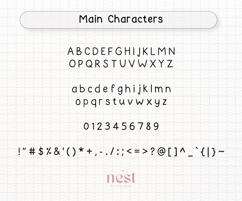 May include: A white sheet of paper with a black grid pattern. The text "Main Characters" is at the top of the page. The alphabet in uppercase and lowercase letters, numbers 0-9, and punctuation marks are listed in black.