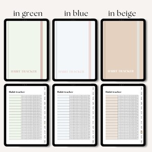 May include: Three digital planner templates for a habit tracker. The templates are in green, blue, and beige with a pink vertical line on the left side of each template. The text "HABIT TRACKER" is at the top of each template. The bottom row shows the monthly habit tracker with a grid of squares for each day of the month. The months are labeled January through December.