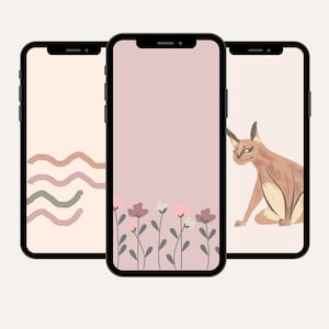 May include: Three phone screen mockups with different designs. The first has a pink background with wavy lines in brown, green, and pink. The second has a light pink background with a row of pink, white, and brown flowers. The third has a light pink background with a brown and white cat sitting on the right side of the screen.