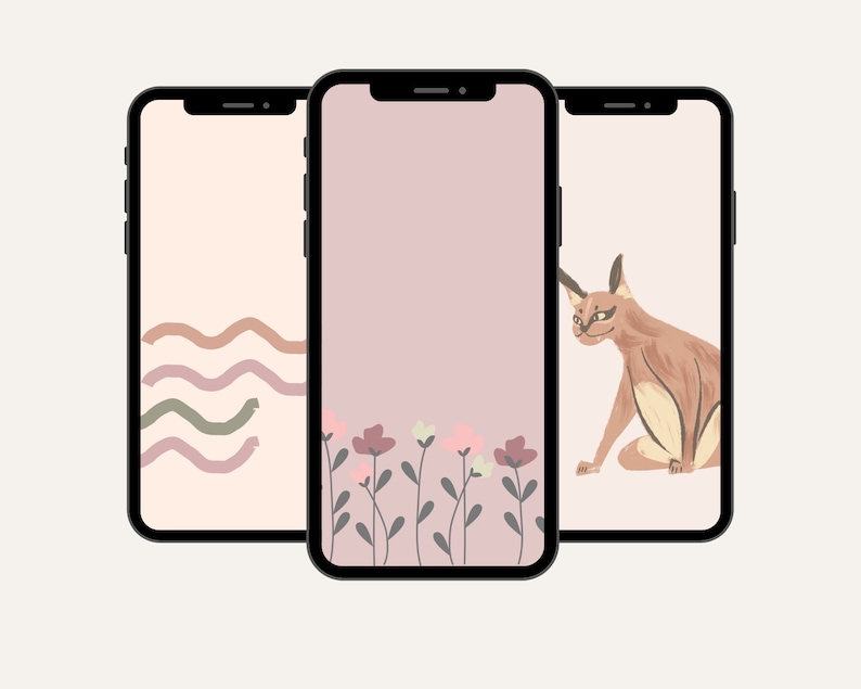 May include: Three phone screen mockups with different designs. The first has a pink background with wavy lines in brown, green, and pink. The second has a light pink background with a row of pink, white, and brown flowers. The third has a light pink background with a brown and white cat sitting on the right side of the screen.