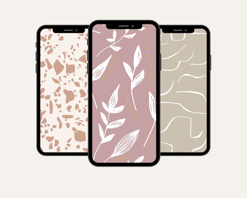 May include: Three different phone wallpapers displayed on black iPhone mockups. The first wallpaper is a white background with brown abstract shapes. The second wallpaper is a pink background with white leaves and yellow dots. The third wallpaper is a light brown background with white abstract lines.