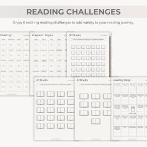 May include: A collection of printable reading challenge sheets with the text "READING CHALLENGES". The sheets include "Genre Challenge", "Romance Tropes", "30 Books", "23 Books", "10 Books", and "Reading Bingo" to track reading progress.