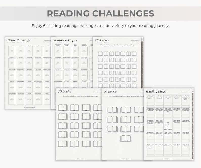 May include: A collection of printable reading challenge sheets with the text "READING CHALLENGES". The sheets include "Genre Challenge", "Romance Tropes", "30 Books", "23 Books", "10 Books", and "Reading Bingo" to track reading progress.