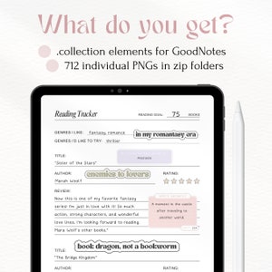 Pu&ograve; includere: Una pagina di un planner digitale con un tracker di lettura. La pagina include un obiettivo di lettura di 75 libri, una sezione per i generi e una sezione per le recensioni dei libri. La pagina include anche un adesivo che dice "in my romantasy era" e un adesivo che dice "enemies to lovers".