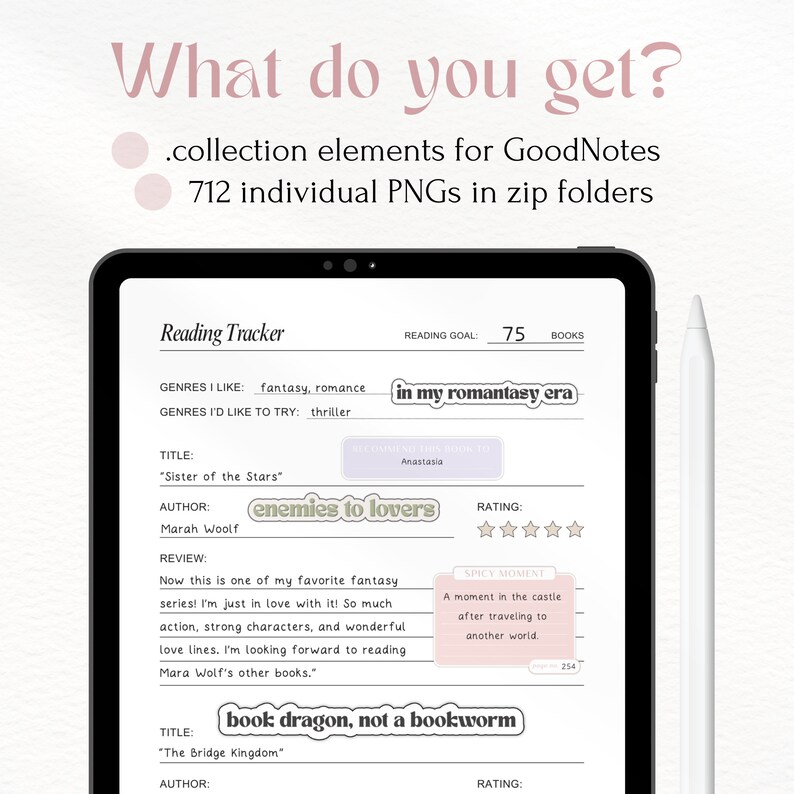 Pu&ograve; includere: Una pagina di un planner digitale con un tracker di lettura. La pagina include un obiettivo di lettura di 75 libri, una sezione per i generi e una sezione per le recensioni dei libri. La pagina include anche un adesivo che dice "in my romantasy era" e un adesivo che dice "enemies to lovers".