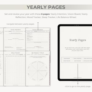 K&ouml;nnte beinhalten: Ein digitaler Planer mit dem Text "YEARLY PAGES" oben. Das Bild zeigt ein Tablet mit den Worten "Yearly Pages" auf dem Bildschirm und ein Layout von sechs Seiten: Vision Board, Yearly Intention, Yearly Reflection, Mood Tracker, Sleep Tracker und Life Balance Wheel.