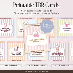 May include: Printable TBR Cards with various romance themes. The cards feature pastel colors, stripes, and illustrations. Text on the cards includes phrases like "read a fake dating romance" and "read a book where they work together."