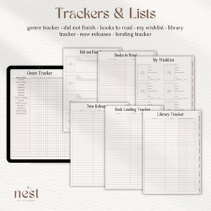 May include: A digital planner with a white background and black text. The planner includes sections for tracking books read, books to read, new releases, and a library tracker. The planner also includes a section for tracking books by genre.
