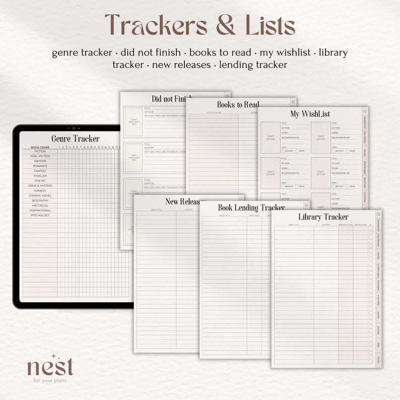 May include: A digital planner with a white background and black text. The planner includes sections for tracking books read, books to read, new releases, and a library tracker. The planner also includes a section for tracking books by genre.