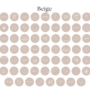 K&ouml;nnte beinhalten: Beigefarbener Hintergrund mit 49 wei&szlig;en Umriss-Icons in Kreisen. Die Icons repr&auml;sentieren verschiedene Themen wie Familie, Rezepte, Reisen, Sport, Bildung, Selbstpflege und mehr.