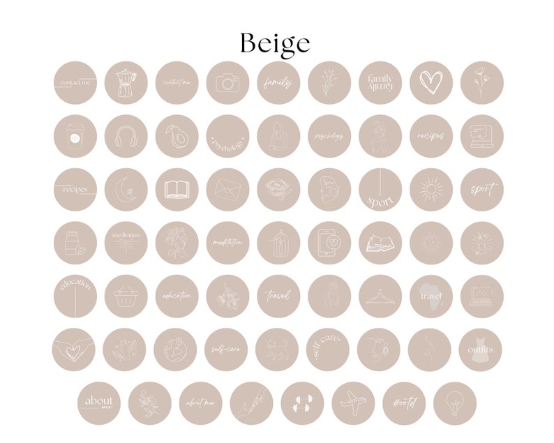 K&ouml;nnte beinhalten: Beigefarbener Hintergrund mit 49 wei&szlig;en Umriss-Icons in Kreisen. Die Icons repr&auml;sentieren verschiedene Themen wie Familie, Rezepte, Reisen, Sport, Bildung, Selbstpflege und mehr.
