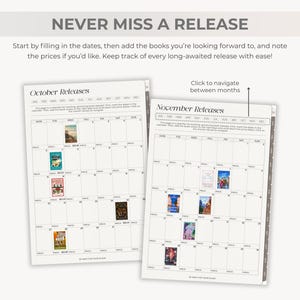 May include: Two open planner pages with the text "NEVER MISS A RELEASE". The left page is labeled "October Releases" and the right page is labeled "November Releases". Each page has a calendar layout with book covers.