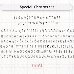 May include: A black and white image showing a variety of special characters, including letters, numbers, and symbols. The characters are arranged in rows and columns, and the image is set against a white background with a faint grid pattern.