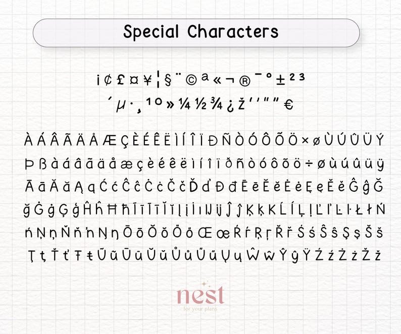 May include: A black and white image showing a variety of special characters, including letters, numbers, and symbols. The characters are arranged in rows and columns, and the image is set against a white background with a faint grid pattern.