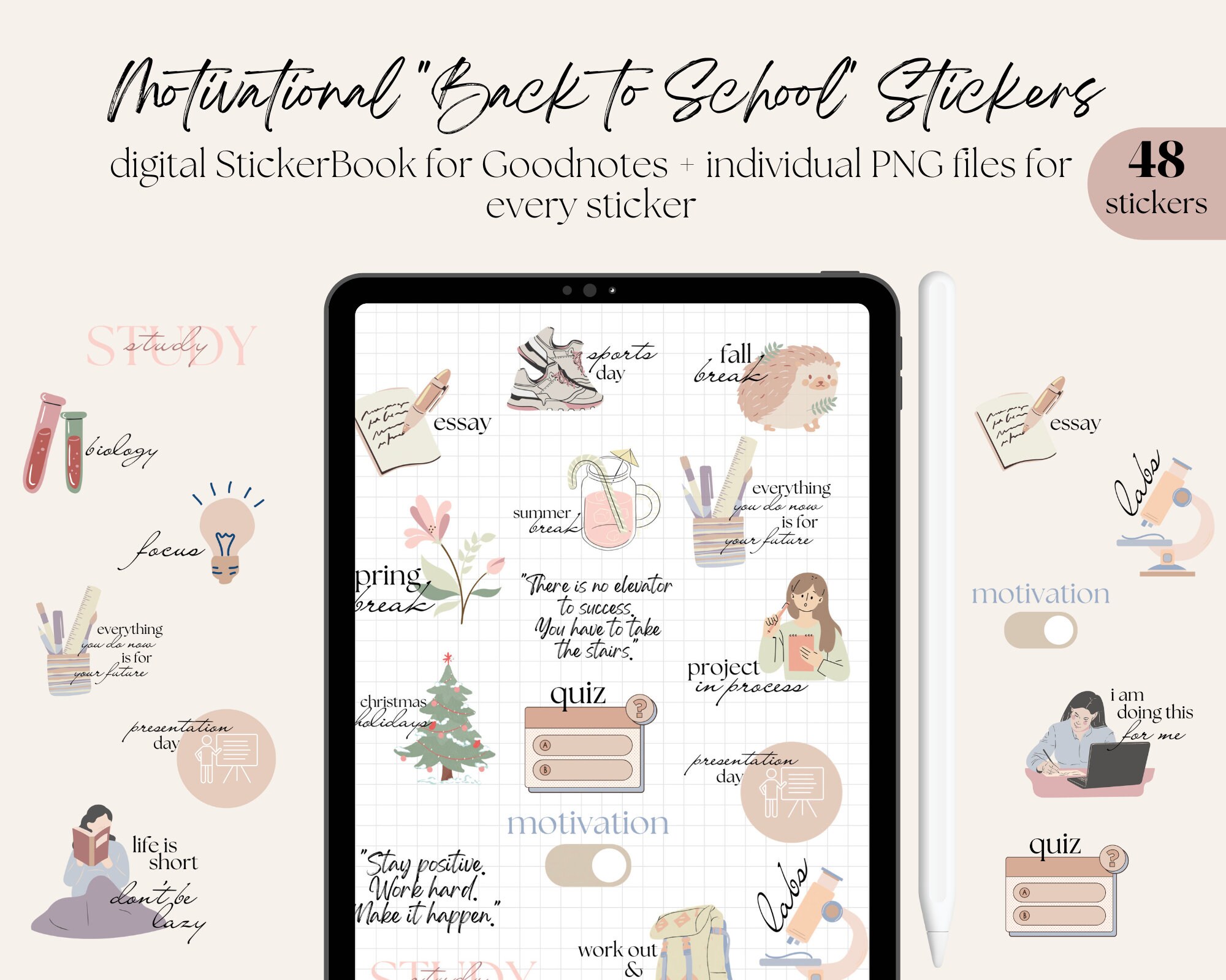 Back to School Digital Stickers Goodnotes, PNG Files of Study Stickers, Digital Planner Stickers, University College Motivational Stickers