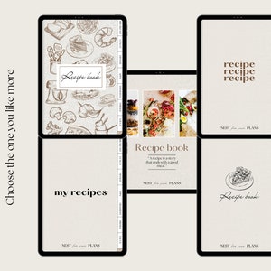 May include: Five different digital recipe book covers with a beige background. The covers feature various illustrations and text, including "Recipe book", "my recipes", and "A recipe is a story that ends with a good meal".