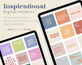 Inspirational Quotes Digital Stickers, Retro Goodnotes Stickerbook, Motivational Quotes with Clipart Stickers, Affirmations, iPad Stickers