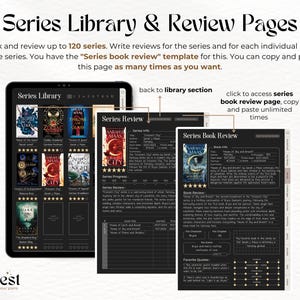 May include: A digital planner page with a black background and gold accents. The page is divided into sections for tracking and reviewing book series. The sections include "Series Library", "Series Review", and "Series Book Review". The page includes a title that says "Series Library & Review Pages".