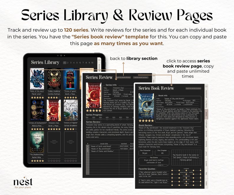 May include: A digital planner page with a black background and gold accents. The page is divided into sections for tracking and reviewing book series. The sections include "Series Library", "Series Review", and "Series Book Review". The page includes a title that says "Series Library & Review Pages".