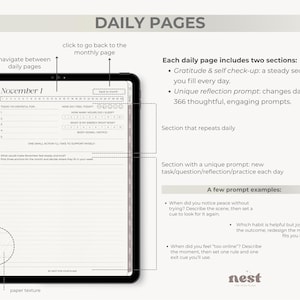 K&ouml;nnte beinhalten: Ein digitaler Planer auf einem Tablet, der t&auml;gliche Seiten mit Aufforderungen zu Dankbarkeit, Selbstkontrolle und Reflexion anzeigt. Der Bildschirm zeigt "1. November" und Aufforderungen wie "Wie f&uuml;hle ich mich heute?" und "Wie ist meine Energie jetzt?" Der Planer enth&auml;lt den Text "DAILY PAGES".
