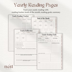 May include: A printable reading tracker with sections for yearly goals, a book of the month log, and a yearly reflection. The pages are designed with a minimalist aesthetic and feature a light brown color scheme.