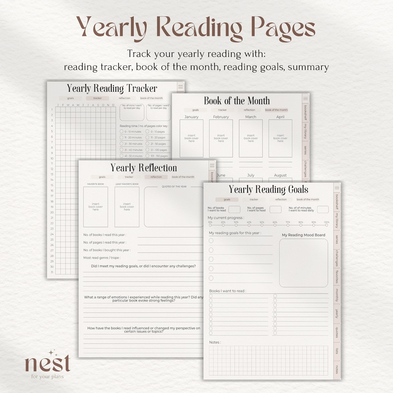 May include: A printable reading tracker with sections for yearly goals, a book of the month log, and a yearly reflection. The pages are designed with a minimalist aesthetic and feature a light brown color scheme.