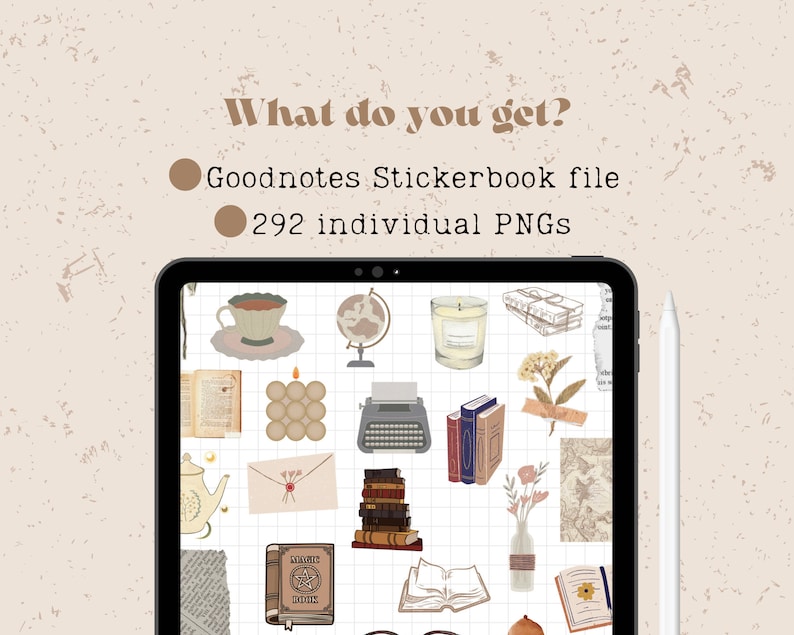 Puede incluir: La pantalla de una tableta digital muestra una colecci&oacute;n de pegatinas digitales para Goodnotes. Las pegatinas est&aacute;n ilustradas con un estilo vintage y presentan im&aacute;genes de libros, tazas de t&eacute;, velas y otros objetos. El texto "What do you get?" y "Goodnotes Stickerbook file" y "292 individual PNGs" es visible en la pantalla.