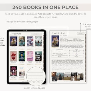 May include: Digital tablet displaying a "My Library" interface with book covers and a "Book Review" page. The text "240 BOOKS IN ONE PLACE" is at the top. The interface includes navigation prompts and a section for user reviews.