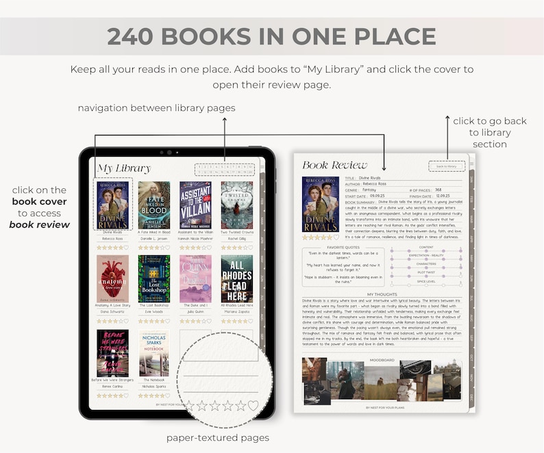 May include: Digital tablet displaying a "My Library" interface with book covers and a "Book Review" page. The text "240 BOOKS IN ONE PLACE" is at the top. The interface includes navigation prompts and a section for user reviews.