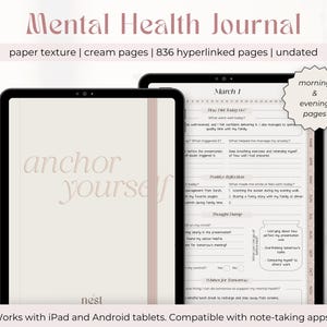 Può includere: Un'app di diario digitale per la salute mentale con uno sfondo crema e il testo "ancorati a te stesso" in rosa. L'app ha un calendario, prompt giornalieri e una sezione per la riflessione. L'app è compatibile con iPad e tablet Android.