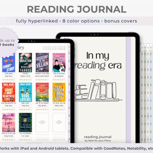 Puede incluir: Diario de lectura digital que se muestra en dos tabletas. El diario presenta portadas de libros, una página con líneas con el texto «In my reading era» y una sección con pestañas. El diario tiene capacidad para hasta 240 libros y está totalmente enlazado.