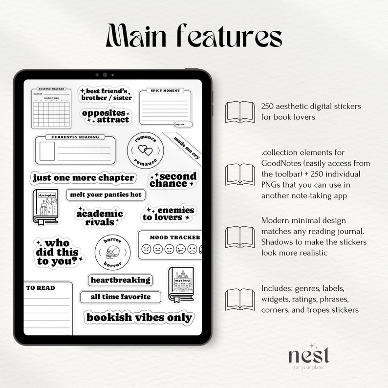 May include: A digital planner with black and white stickers for book lovers. The stickers include phrases like "just one more chapter", "enemies to lovers", and "bookish vibes only".