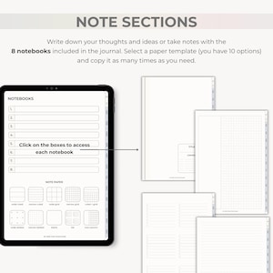 May include: A digital notebook interface with the words "NOTE SECTIONS" at the top. The interface shows 8 notebooks, with options for different paper templates. The text reads, "Write down your thoughts and ideas or take notes with the 8 notebooks included in the journal."