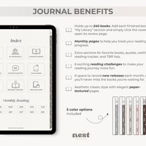 May include: A digital journal on a tablet, showcasing features like a library, reading tracker, and challenges. Includes monthly reading pages and space for new releases. Five color options are shown. The text reads "Journal Benefits".