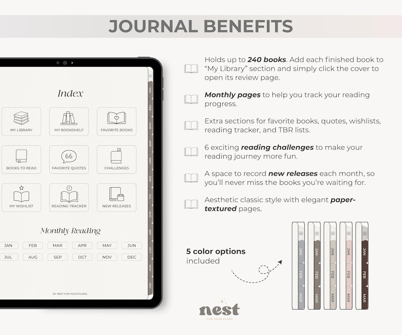 May include: A digital journal on a tablet, showcasing features like a library, reading tracker, and challenges. Includes monthly reading pages and space for new releases. Five color options are shown. The text reads "Journal Benefits".