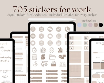 May include: A digital planner with 705 stickers for work. The stickers are in five colors: blue, green, pink, brown, and black. The stickers are designed for use with the Goodnotes app. The stickers include icons for tasks, appointments, deadlines, and more.