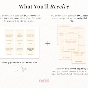 May include: An image showing affirmation cards in PDF and PNG formats. The text reads "What You'll Receive" and details about the cards, including A4 and Letter sizes. The image also shows how to print and cut the cards.