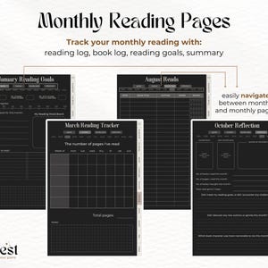 May include: Black and white printable planner pages for tracking monthly reading goals, progress, and reflections. The pages include sections for January, March, August, and October.