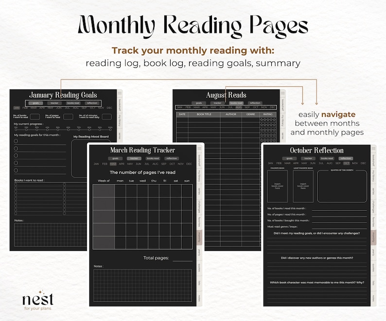 May include: Black and white printable planner pages for tracking monthly reading goals, progress, and reflections. The pages include sections for January, March, August, and October.