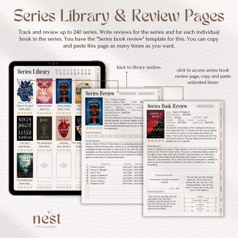May include: A digital planner page with a series library and review section. The page is designed to track and review up to 240 series. The page includes a series library section with a grid of book covers and a series review section with a template for reviewing each book in the series. The page also includes a series book review template with sections for book details, book review, favorite moments, and favorite quotes.